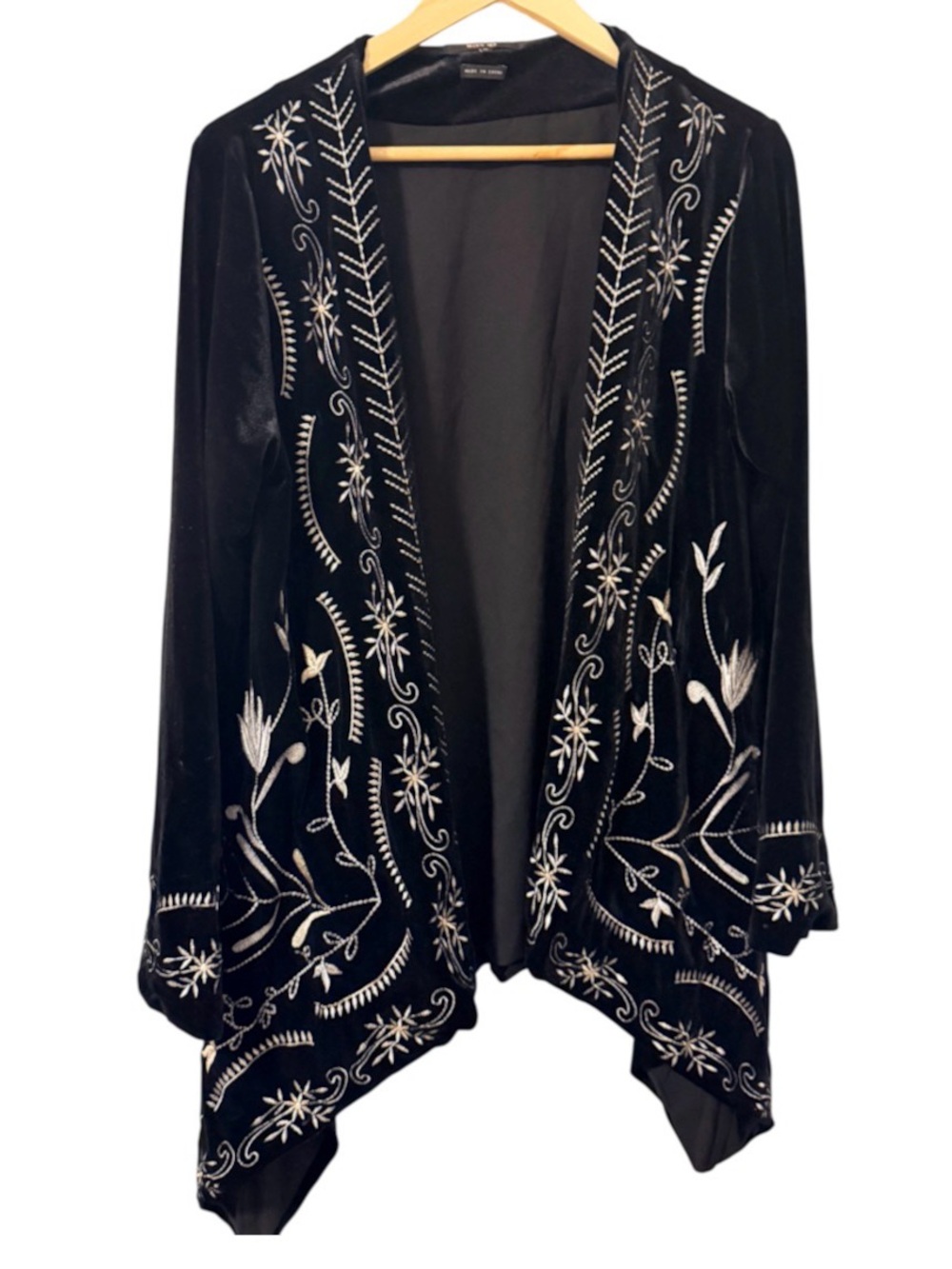 Miss Me Black Velvet Open-Front Embroidered Shawl Cardigan